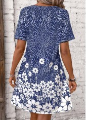 Blue dresses,Floral dresses,Dot dresses,Plants dresses,Everyday dresses,Casual dresses,Pocket Floral Print Blue Short Round Neck Dress