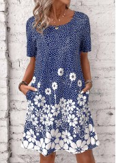 Blue dresses,Floral dresses,Dot dresses,Plants dresses,Everyday dresses,Casual dresses,Pocket Floral Print Blue Short Round Neck Dress