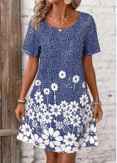 Blue dresses,Floral dresses,Dot dresses,Plants dresses,Everyday dresses,Casual dresses,Pocket Floral Print Blue Short Round Neck Dress