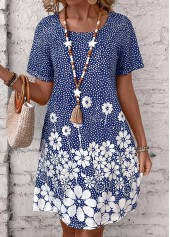 Blue dresses,Floral dresses,Dot dresses,Plants dresses,Everyday dresses,Casual dresses,Pocket Floral Print Blue Short Round Neck Dress