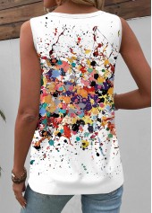 White tops,Dazzle Colorful tops,ROTITA Button Dazzle Colorful Print White Round Neck Tank Top