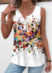 White tops,Dazzle Colorful tops,ROTITA Button Dazzle Colorful Print White Round Neck Tank Top