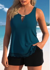 Peacock Blue swimwear,Plain Color swimwear,ROTITA Lace Peacock Blue Scoop Neck Tankini Set