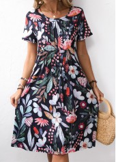 Black dresses,Floral dresses,Plants dresses,Everyday dresses,Casual dresses,ROTITA Pocket Floral Print Black Round Neck Short Sleeve Dress