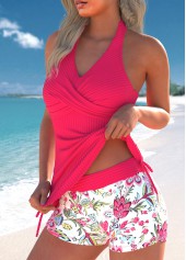 Hot Pink swimwear,Plants swimwear,Floral swimwear,ROTITA Drawstring Hot Pink Random Floral Print Tankini Set