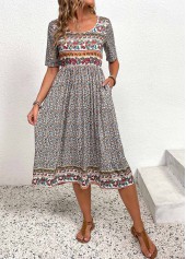 Multi Color dresses,Ditsy Floral dresses,Paisley dresses,Everyday dresses,Casual dresses,Ruched Ditsy Floral Print Multi Color Round Neck Dress