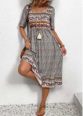 Multi Color dresses,Ditsy Floral dresses,Paisley dresses,Everyday dresses,Casual dresses,Ruched Ditsy Floral Print Multi Color Round Neck Dress