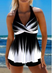 Black swimwear,White swimwear,Ombre swimwear,Striped swimwear,Geometric swimwear,ROTITA Surplice Tie Back Black Ombre Tankini Top
