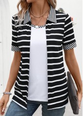 ROTITA Fake 2in1 Striped Black Short Sleeve T Shirt