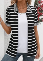 Black tops,White tops,Striped tops,Geometric tops,ROTITA Fake 2in1 Striped Black Short Sleeve T Shirt