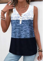 Blue tops,Black tops,Geometric tops,Contrast Color tops,ROTITA Patchwork Geometric Print Blue Round Neck Sleeveless Tank Top
