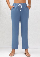 Denim Blue bottoms,Plain Color bottoms,Double Side Pockets Denim Blue Elastic Waist Pants