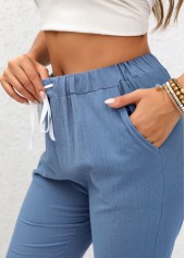 Denim Blue bottoms,Plain Color bottoms,Double Side Pockets Denim Blue Elastic Waist Pants