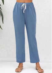 Denim Blue bottoms,Plain Color bottoms,Double Side Pockets Denim Blue Elastic Waist Pants