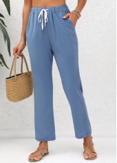 Denim Blue bottoms,Plain Color bottoms,Double Side Pockets Denim Blue Elastic Waist Pants