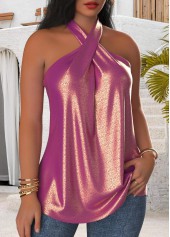 Dark Reddish Purple tops,Plain Color tops,ROTITA Shinning Dark Reddish Purple Cross Collar Sleeveless Tank Top