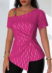 Hot Pink tops,Dot tops,ROTITA Hot Stamping Polka Dot One Shoulder T Shirt
