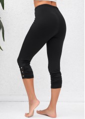 Black bottoms,Plain Color bottoms,Ruched Black High Waisted Elastic Waist Capri Leggings