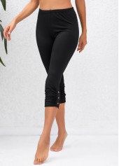 Black bottoms,Plain Color bottoms,Ruched Black High Waisted Elastic Waist Capri Leggings