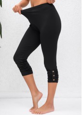 Ruched Black High Waisted Elastic Waist Capri Leggings
