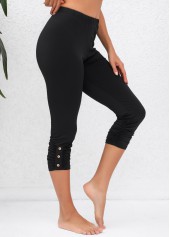 Black bottoms,Plain Color bottoms,Ruched Black High Waisted Elastic Waist Capri Leggings