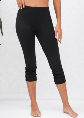 Black bottoms,Plain Color bottoms,Ruched Black High Waisted Elastic Waist Capri Leggings