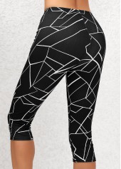 Black bottoms,Geometric bottoms,Geometric Print Black High Waisted Elastic Waist Capri Leggings