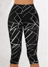 Black bottoms,Geometric bottoms,Geometric Print Black High Waisted Elastic Waist Capri Leggings