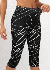 Black bottoms,Geometric bottoms,Geometric Print Black High Waisted Elastic Waist Capri Leggings