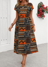 Orange dresses,Tribal dresses,Everyday dresses,Casual dresses,Pocket Tribal Print Orange Round Neck Short Sleeve Dress