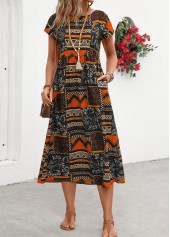 Oranges Kleid mit Rundhalsausschnitt und Taschen im Tribal-Print