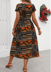 Orange dresses,Tribal dresses,Everyday dresses,Casual dresses,Pocket Tribal Print Orange Round Neck Short Sleeve Dress