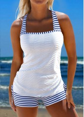 Blue swimwear,Striped swimwear,Geometric swimwear,ROTITA Patchwork Jacquard Blue Striped Tankini Set