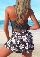 Dark Grey swimwear,Floral swimwear,Plants swimwear,ROTITA Tie Dark Grey Floral Print Bikini Set