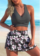 Dark Grey swimwear,Floral swimwear,Plants swimwear,ROTITA Tie Dark Grey Floral Print Bikini Set