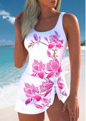 Pink swimwear,Floral swimwear,Plants swimwear,ROTITA Tie Pink Floral Print One Piece Swimdress