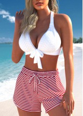 White swimwear,Red swimwear,Striped swimwear,Geometric swimwear,ROTITA Criss Cross White Striped Bikini Set