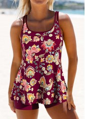 ensemble de tankini à imprimé floral aléatoire pourpre rougeâtre foncé léger rotita