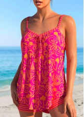 Hot Pink swimwear,Graphic swimwear,ROTITA Bowknot Hot Pink Graffiti Print Tankini Set