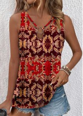 Red tops,Tribal tops,ROTITA Cut Out Tribal Print Red Sleeveless Tank Top