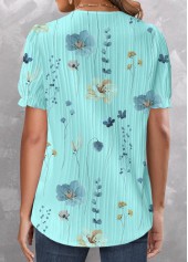 Cyan tops,Floral tops,ROTITA Patchwork Floral Print Cyan V Neck Short Sleeve Blouse
