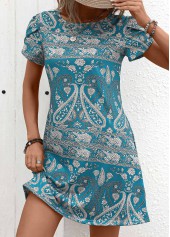 Mint Green dresses,Tribal dresses,Paisley dresses,Floral dresses,Plants dresses,Vacation dresses,Vacation dresses,Tribal Print Mint Green Short Round Neck Dress
