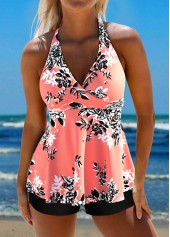 Coral swimwear,Floral swimwear,Plants swimwear,ROTITA Criss Cross Coral Floral Print Tankini Top