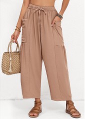 Light Coffee bottoms,Plain Color bottoms,Pocket Light Coffee Elastic Waist High Waisted Pants
