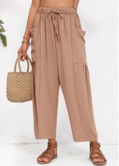 Light Coffee bottoms,Plain Color bottoms,Pocket Light Coffee Elastic Waist High Waisted Pants