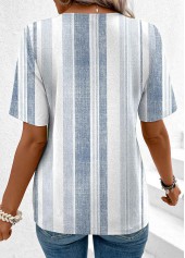 Dusty Blue tops,Striped tops,Geometric tops,ROTITA Asymmetry Multi Stripe Print Dusty Blue Round Neck Blouse