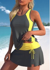 Grey swimwear,Yellow swimwear,Contrast Color swimwear,ROTITA Cut Out Drawstring Grey Tankini Set
