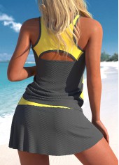 Grey swimwear,Yellow swimwear,Contrast Color swimwear,ROTITA Cut Out Drawstring Grey Tankini Set