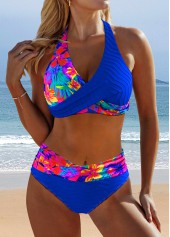 Royal Blue swimwear,Floral swimwear,Plants swimwear,ROTITA Surplice Royal Blue Floral Print Bikini Set