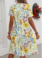 Yellow dresses,Floral dresses,Plants dresses,Everyday dresses,Casual dresses,Pocket Floral Print Yellow Round Neck Short Sleeve Dress